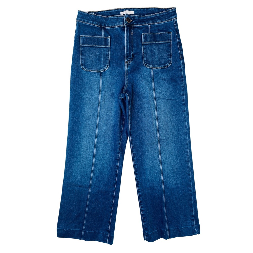 LC Lauren Conrad Wide Leg Jeans Blue High Rise Front Patch Pocket Size 16